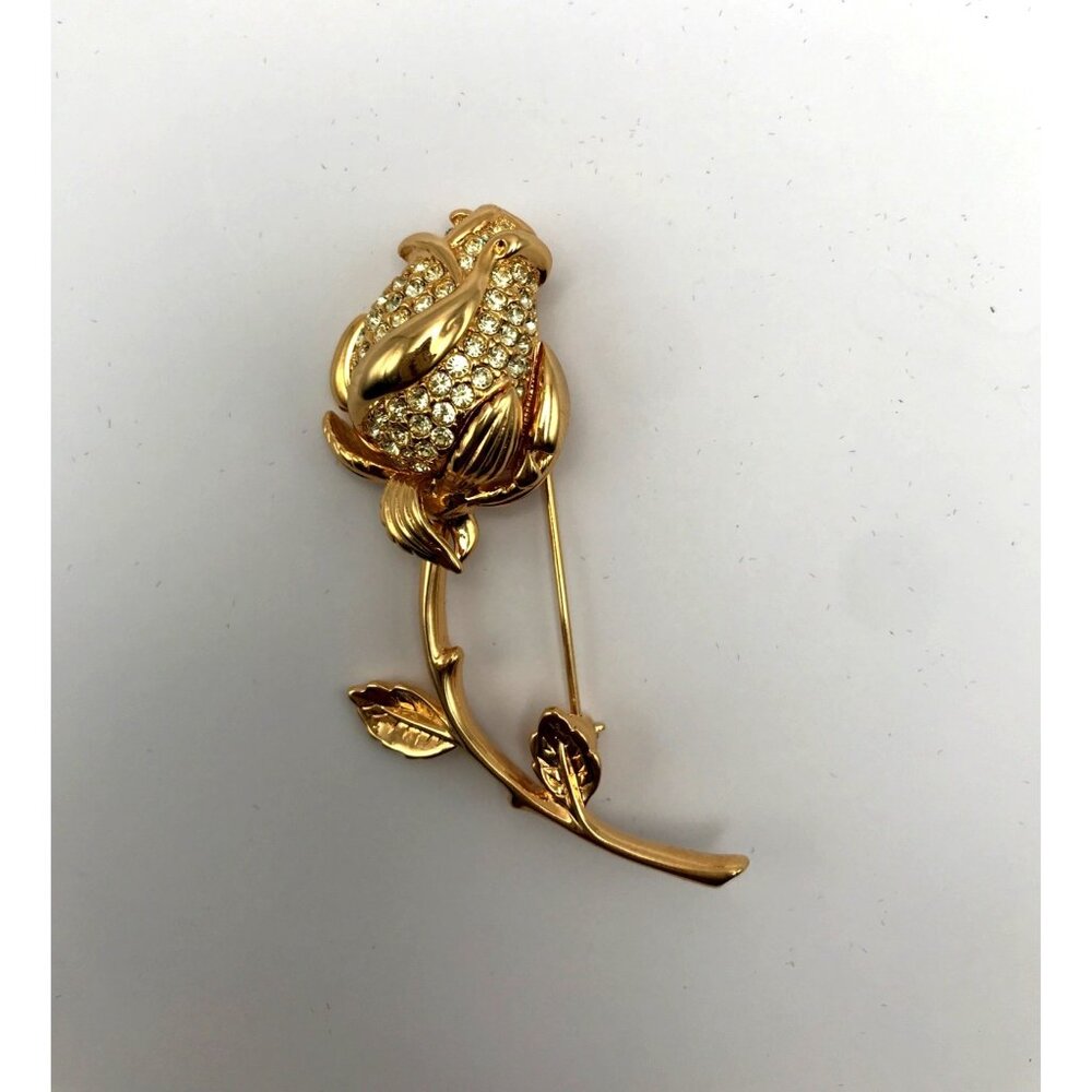 Nolan Miller Vintage Rose Bud Crystal Rhinestone Brooch Pin Gold Tone Signed
